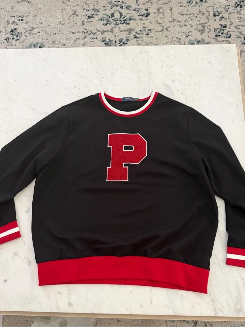 Polo by Ralph Lauren Black Crewneck Sweater with Red Trim and Red 'P' - Picture 1 of 2